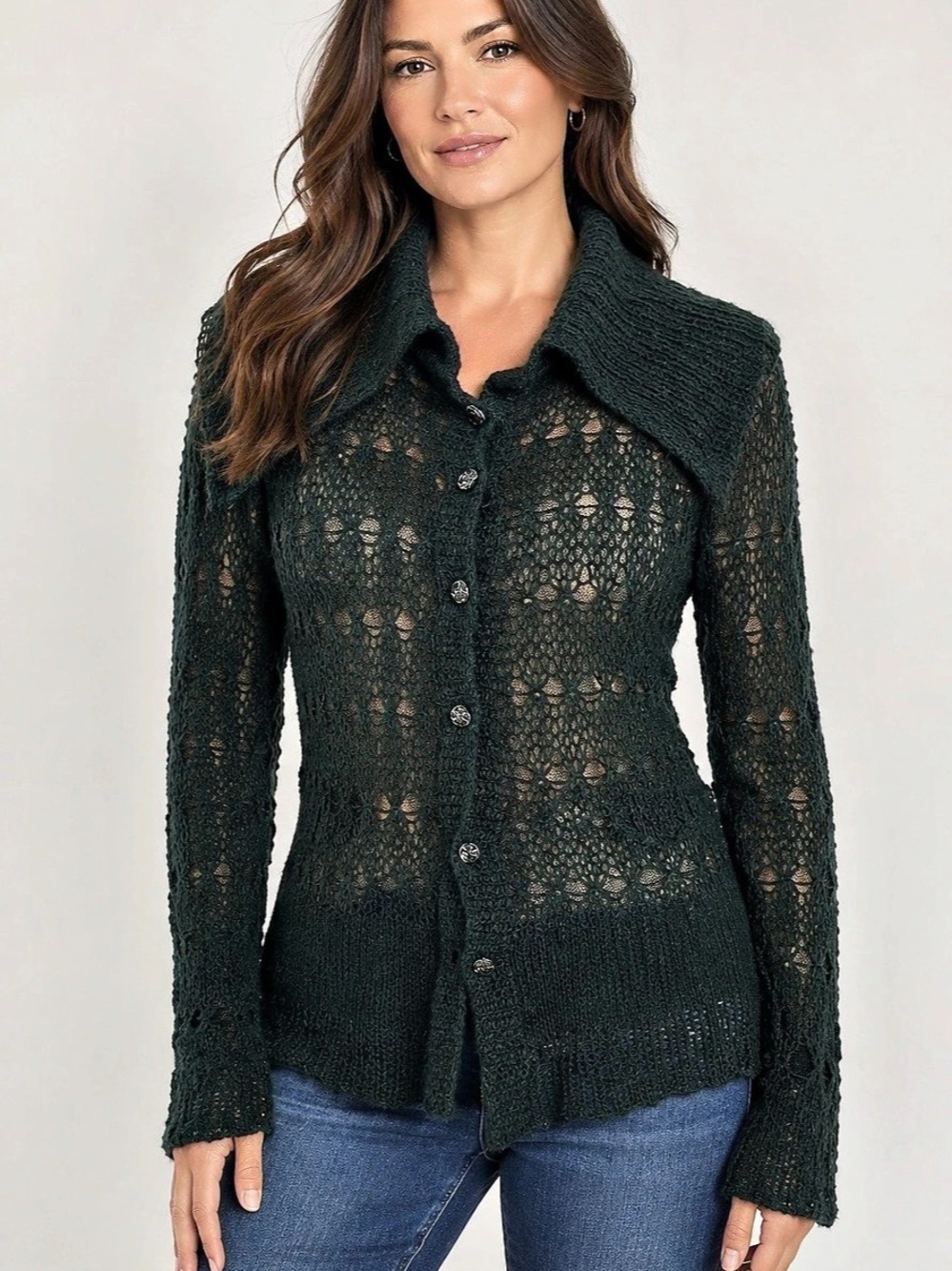 Irene Van Ryb Open Knit Collared mohair blend Cardigan Green SZ Large